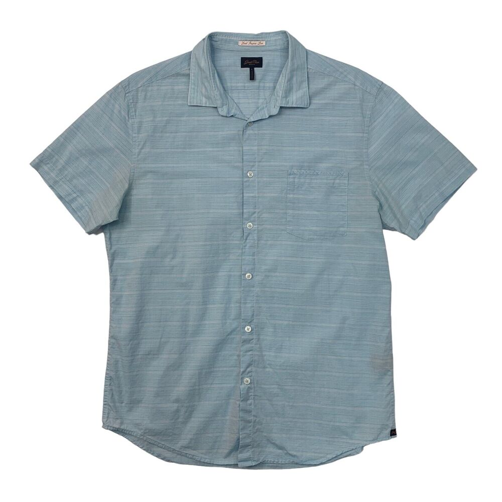 Good Man Brand Shirt Mens L Large Blue Striped Short Sleeve Cotton Linen Blend